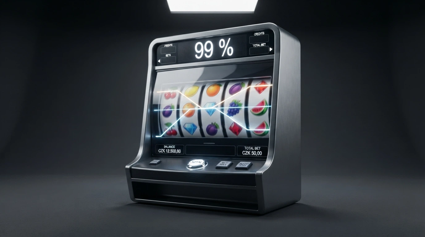 Výherní automat s pěti válci a zvýrazněnými výplatními liniemi, na displeji hodnota RTP 99 %