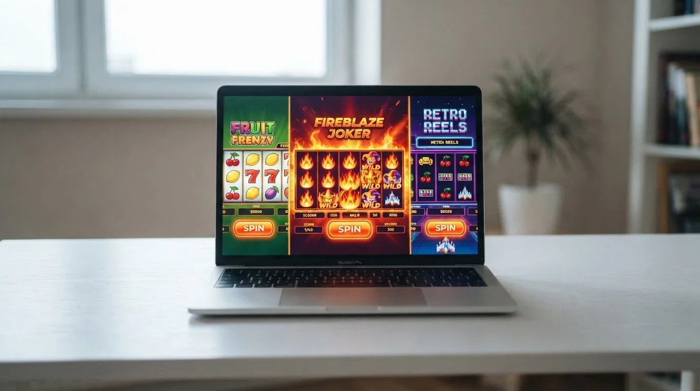 Koláž obrazovek několika oblíbených automatů — Respin Joker, 100 Hot Wild, Kancelářská 81 — s viditelnými tlačítky pro zatočení