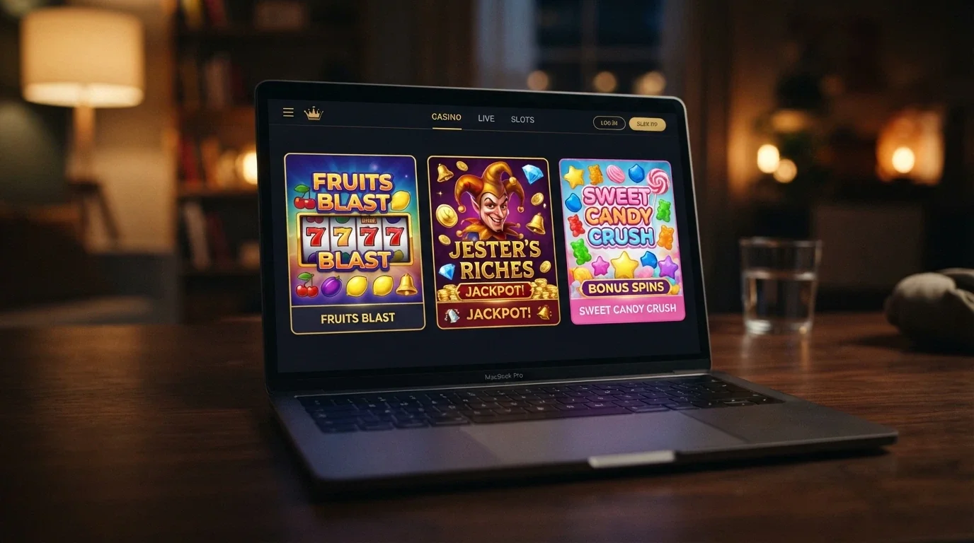 Koláž automatů Respin Joker, Book of Dead a Sweet Bonanza na obrazovce casina