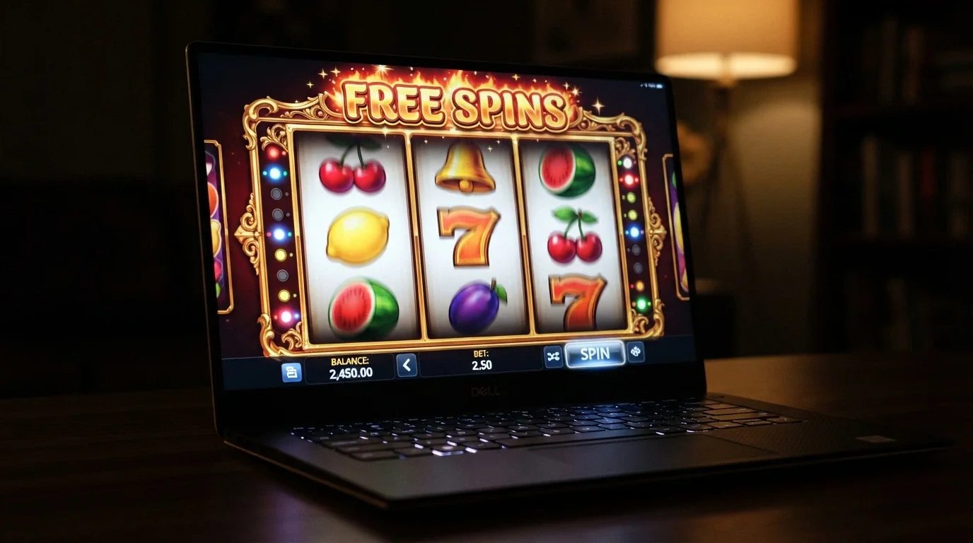 Roztočené válce online automatu s ovocem a symboly sedmiček, na displeji svítí nápis Free Spins
