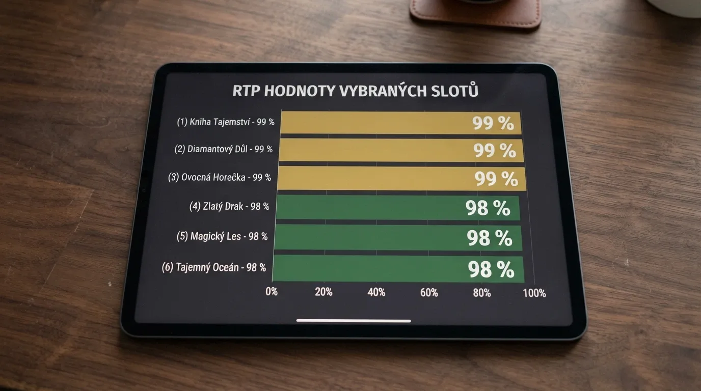 Koláž pěti slotových obrazovek s viditelným ukazatelem RTP — každý automat zobrazuje hodnotu mezi 96 a 99 procenty