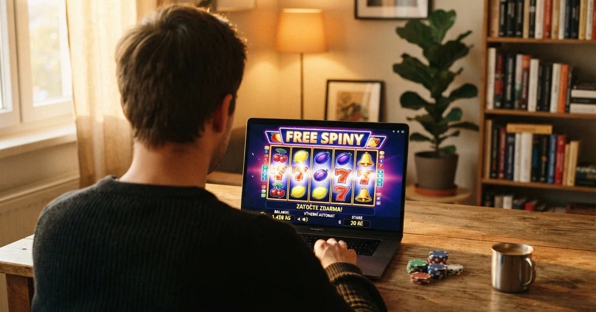 Hráč u notebooku, na obrazovce roztočený online automat s nápisem free spins, v pozadí obývací pokoj