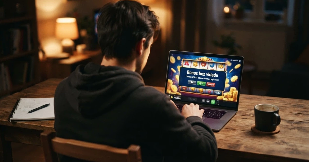 Hráč spouští online výherní automat na notebooku, na obrazovce svítí nápis „bonus bez vkladu“