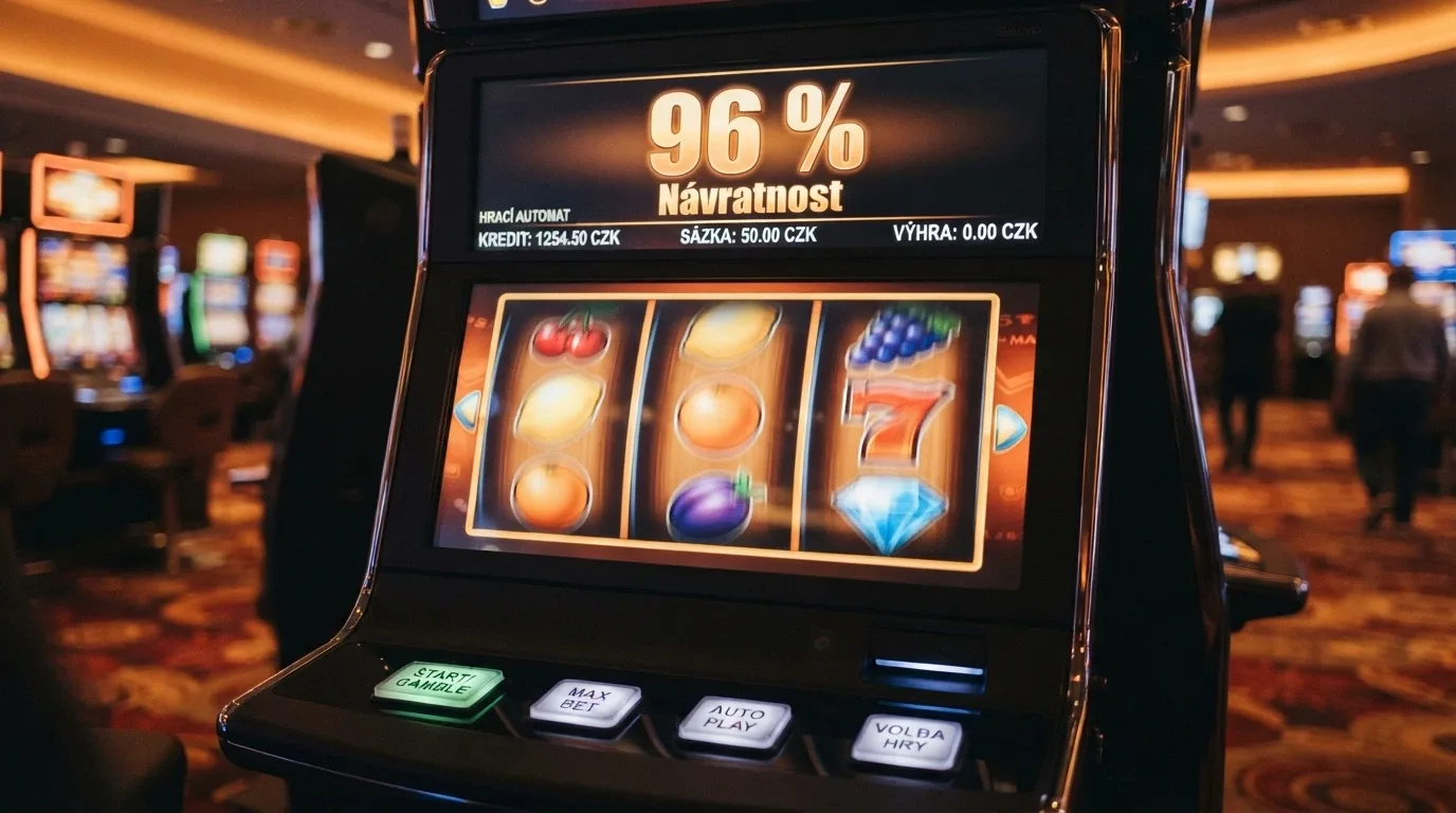 Roztočený automat s viditelným RTP 96 %+ na displeji, vedle Fruity Gold 81 a Book of Dead