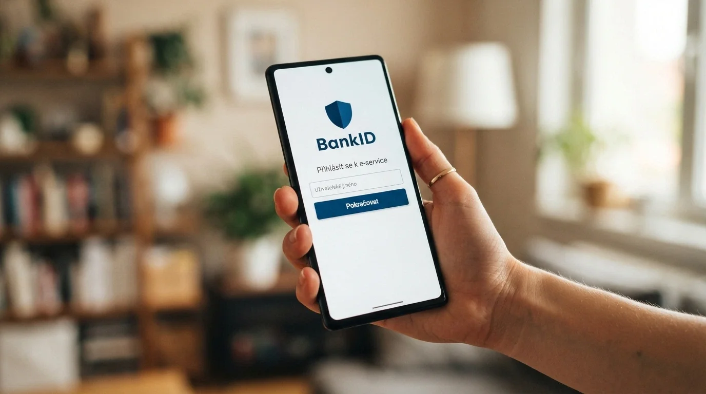 Mobilní telefon zobrazující přihlašovací obrazovku BankID s logy českých bank