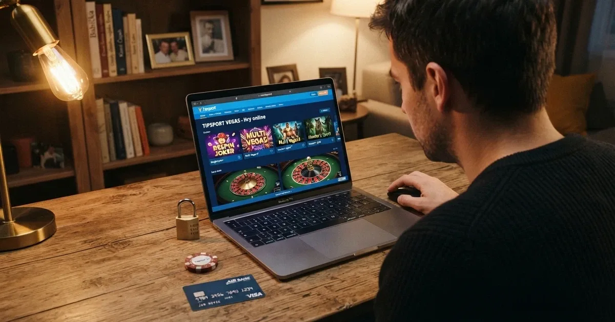 Český hráč u počítače s otevřenou stránkou online casina, na stole leží občanský průkaz a platební karta, v pozadí symbolika bezpečnostního zámku