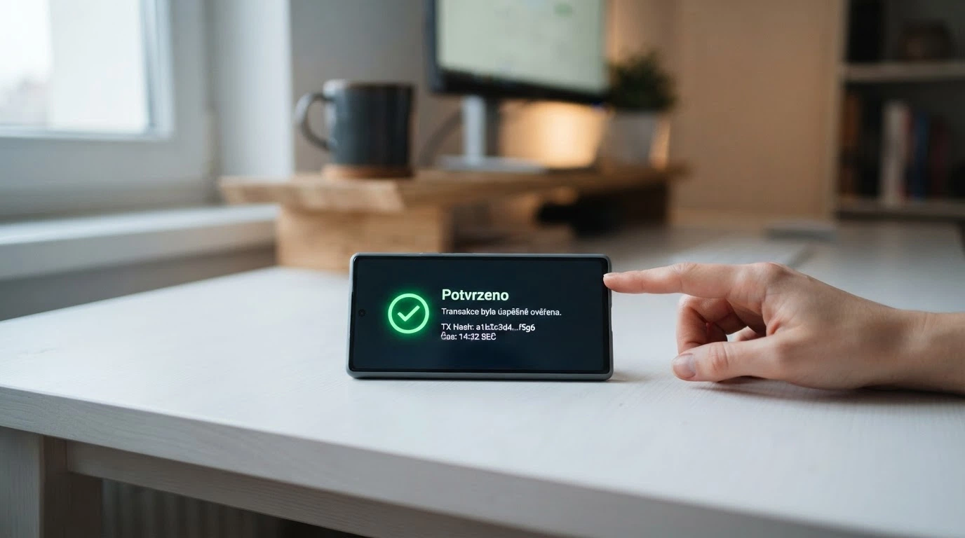 Mobilní telefon zobrazující potvrzení bitcoinové transakce do online kasina