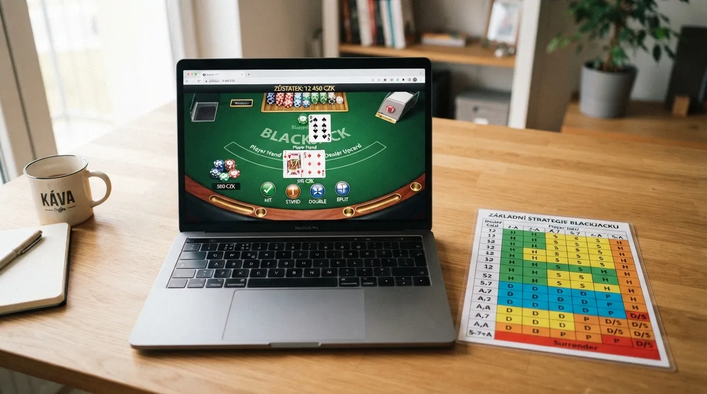 Rozhraní demo blackjacku s virtuálními žetony a přepínačem do režimu hry o skutečné peníze