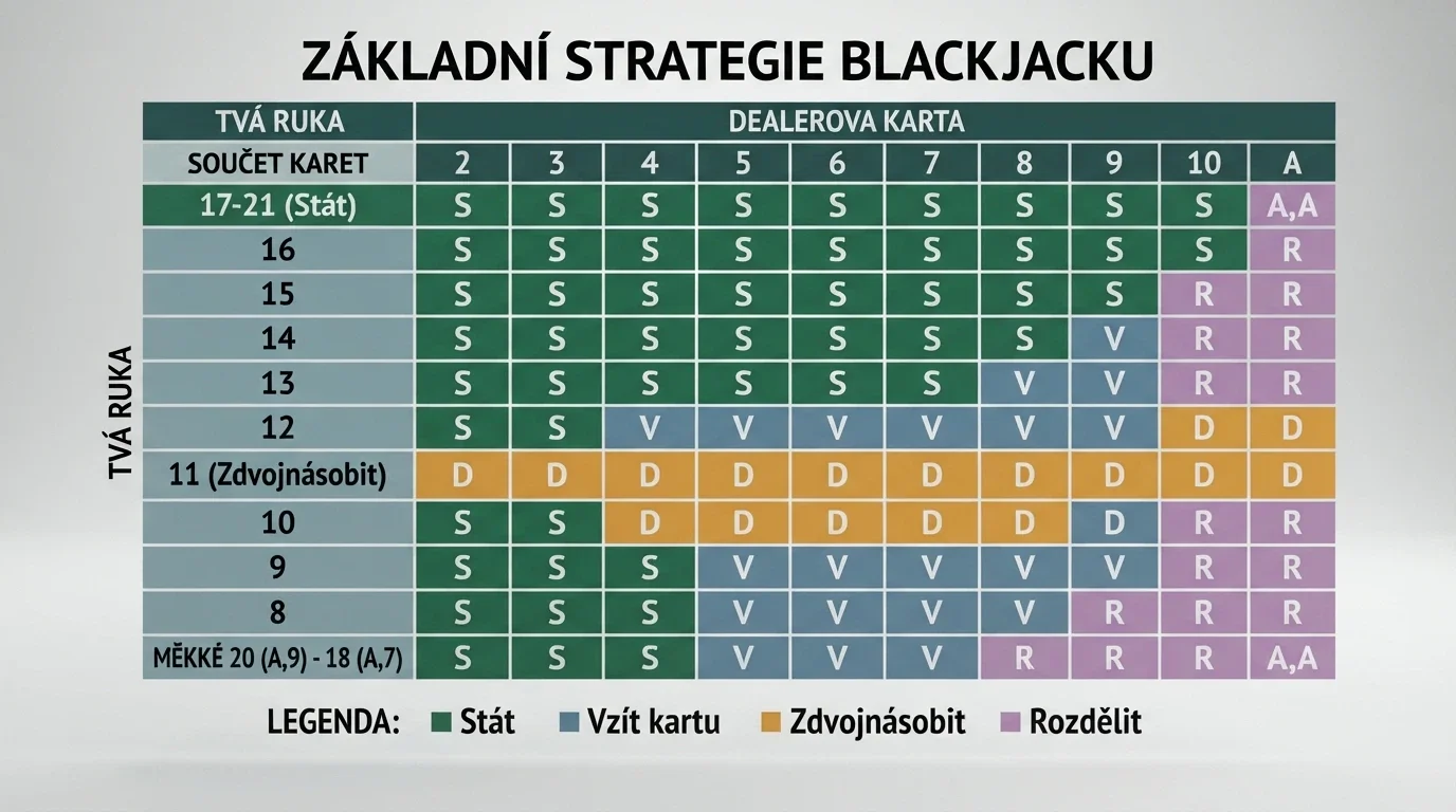 Tabulka základní blackjackové strategie s barevně odlišenými poli pro hit, stand, double a split