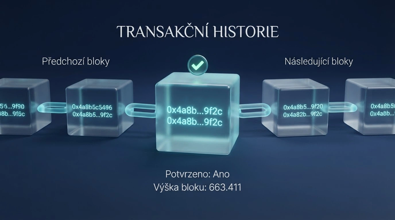 Schéma transakce na blockchainu s vyznačeným hashem a potvrzením