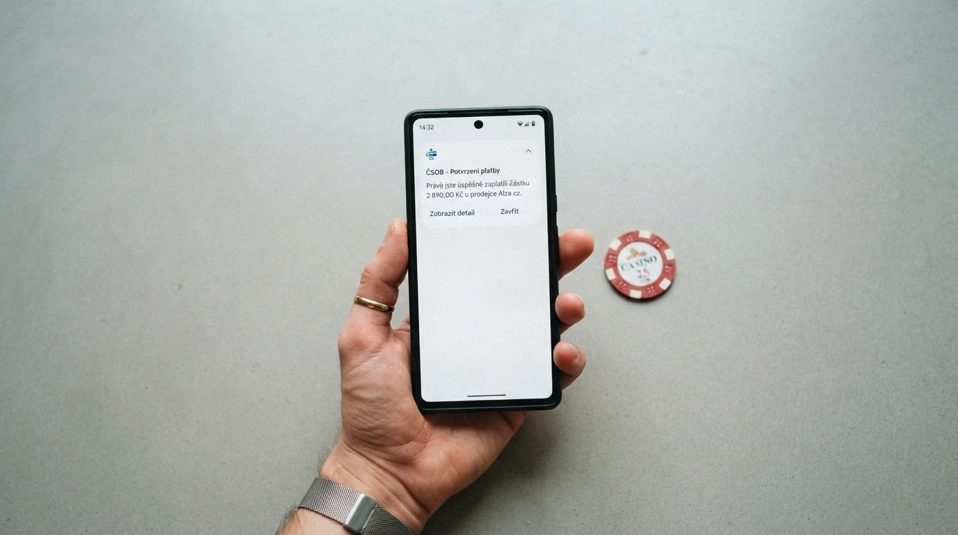 Ruka držící mobilní telefon s notifikací o připsaném bonusu bez vkladu na obrazovce casina