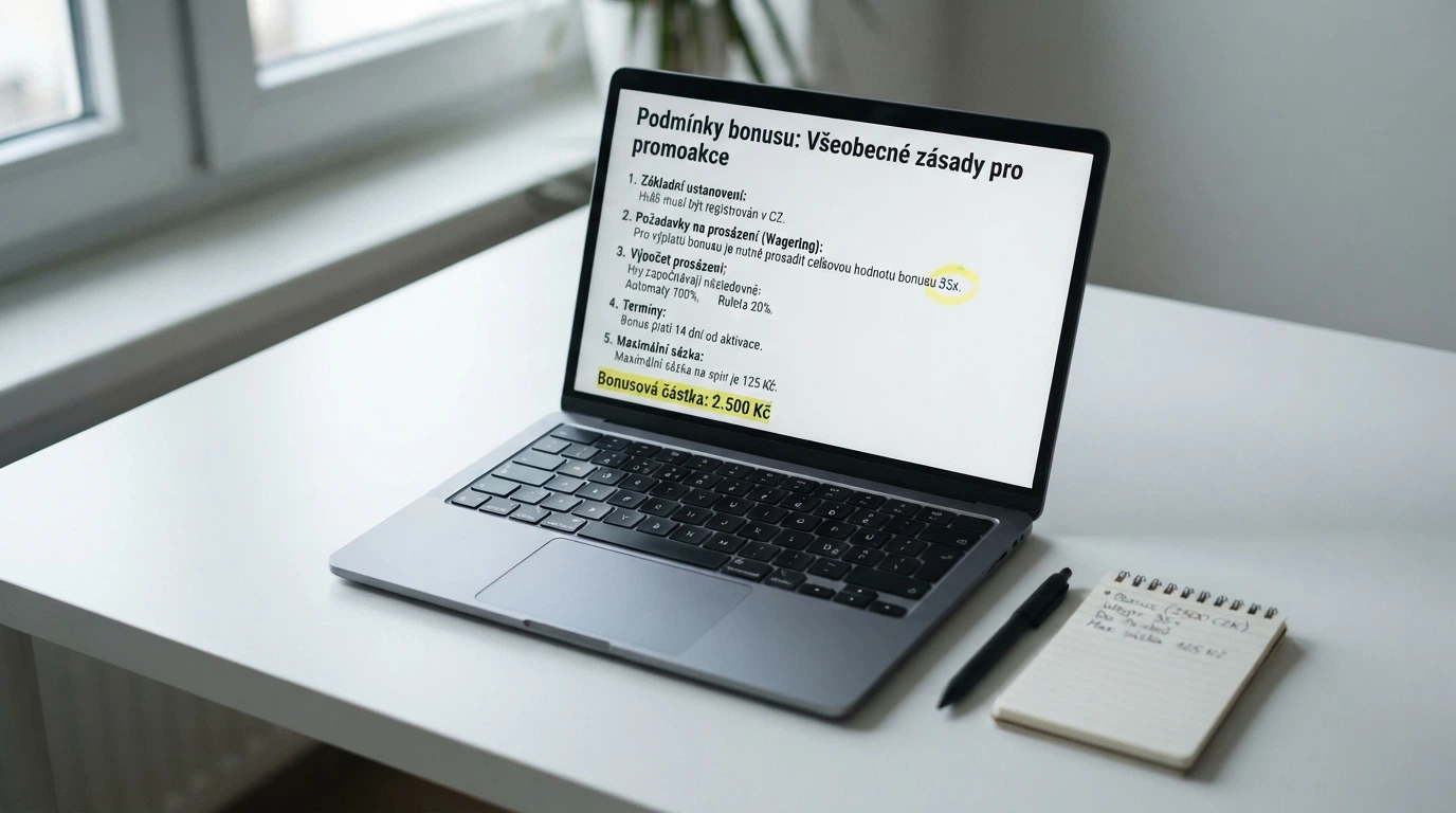 Detailní záběr na obrazovku s podmínkami bonusu bez vkladu — zvýrazněné protočení, časový limit a maximální výběr