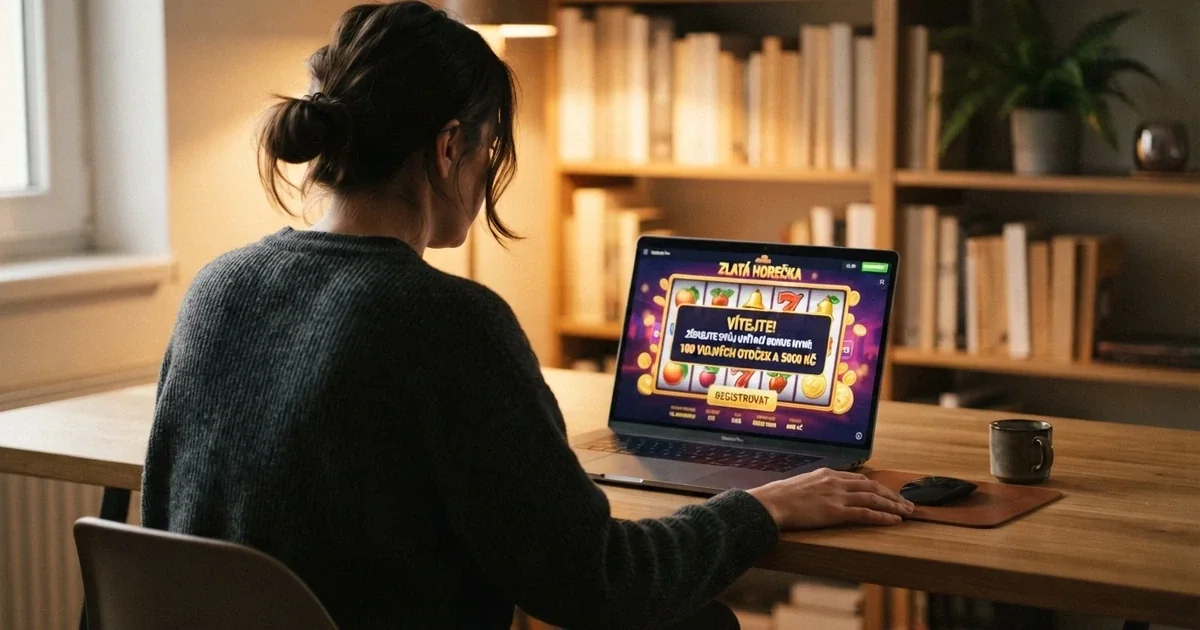 Hráč vyplňuje registrační formulář v online casinu a na obrazovce vidí nabídku uvítacího bonusu