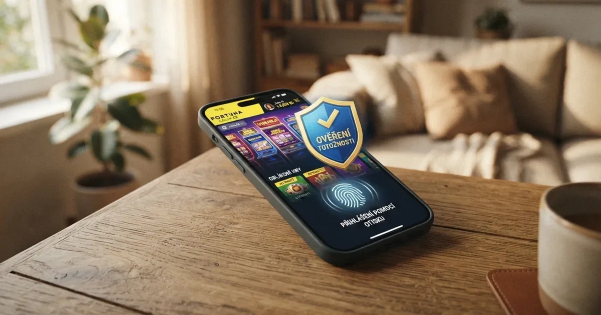 České online casino na displeji mobilu s ikonou Bank ID a symbolem ověření totožnosti