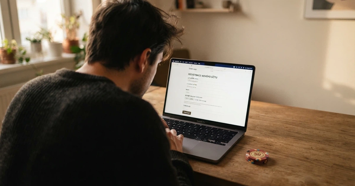 Hráč u notebooku si prohlíží registrační formulář online casina, na obrazovce je vidět pole pro nahrání dokladů