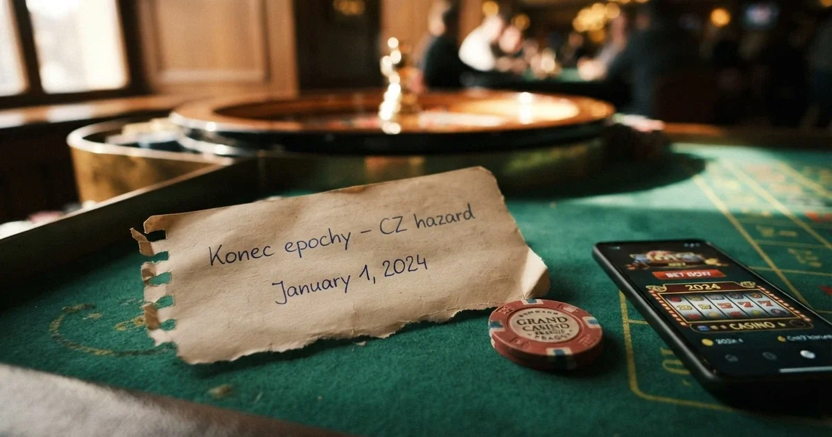 Roztržený kalendář s datem 1. ledna 2024 ležící na herním stole rulety, vedle něj česká koruna a mobil s logem online casina