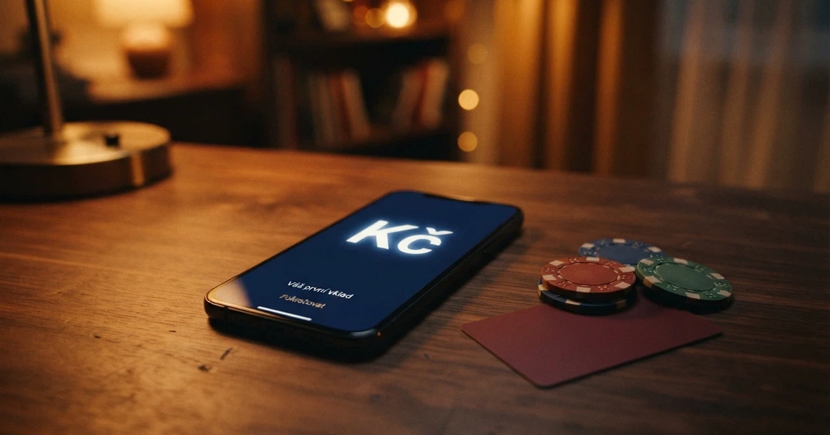 Hráč u mobilu s platební kartou a českými korunami na obrazovce, vedle logo MF ČR