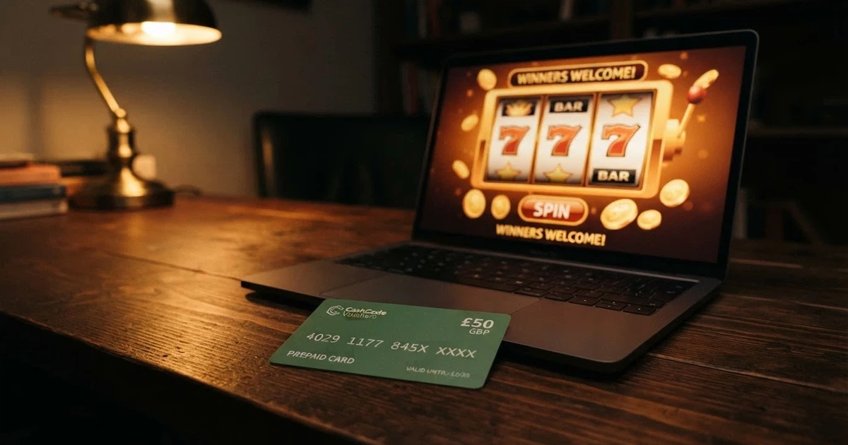 Předplacený kupon Paysafecard položený vedle obrazovky s online kasinem