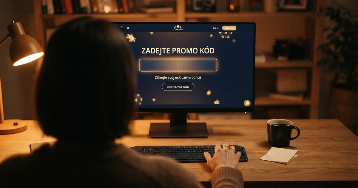 Hráč u obrazovky počítače zadávající promo kód do pole v sekci Bonusy českého online casina