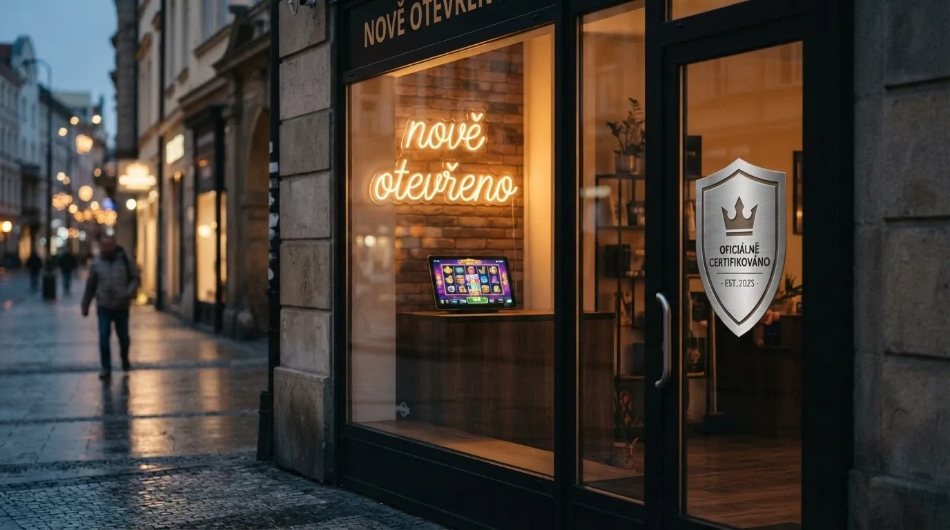 Výloha s nápisem „nově otevřeno“ ve stylu online casina — za sklem svítí nabídka bonusu bez vkladu, v rohu logo MF ČR jako pečeť důvěry
