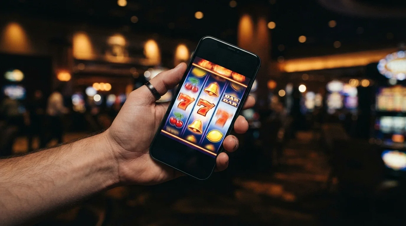 Displej mobilního telefonu s roztočeným automatem Firebird Double 27 od Synotu, v pozadí logo Kajot a Apollo Games