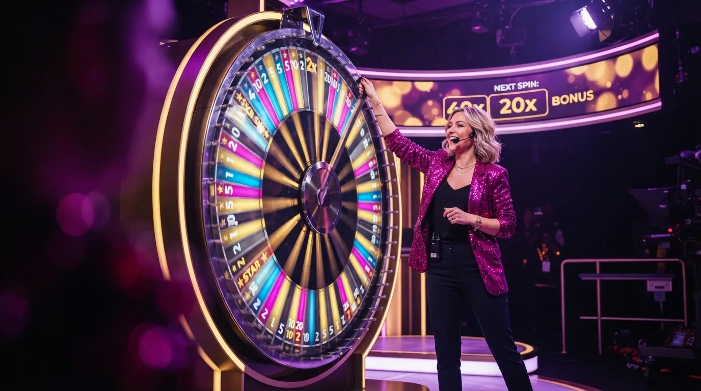 Krupiér u Crazy Time kola s multiplikátory, studio v purpurovém nasvícení