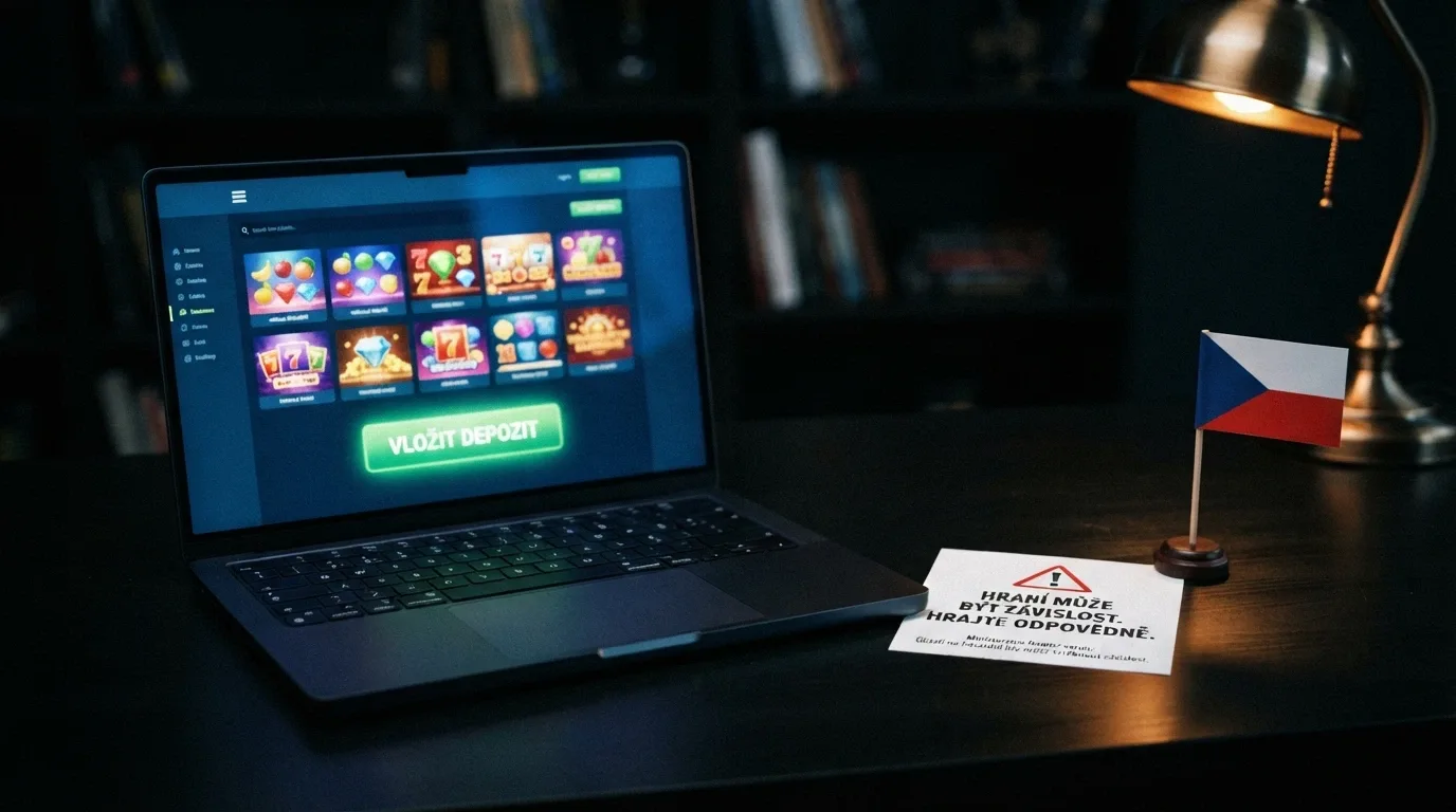 Notebook s otevřenou stránkou crypto casina, vedle něj symbol bitcoinu a vedle logo MF ČR s varovným vykřičníkem