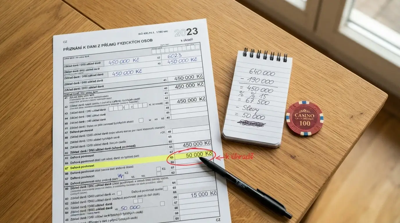 Kalkulačka a formulář daňového přiznání s vyznačenou částkou 50 000 Kč, vedle mince a bankovky
