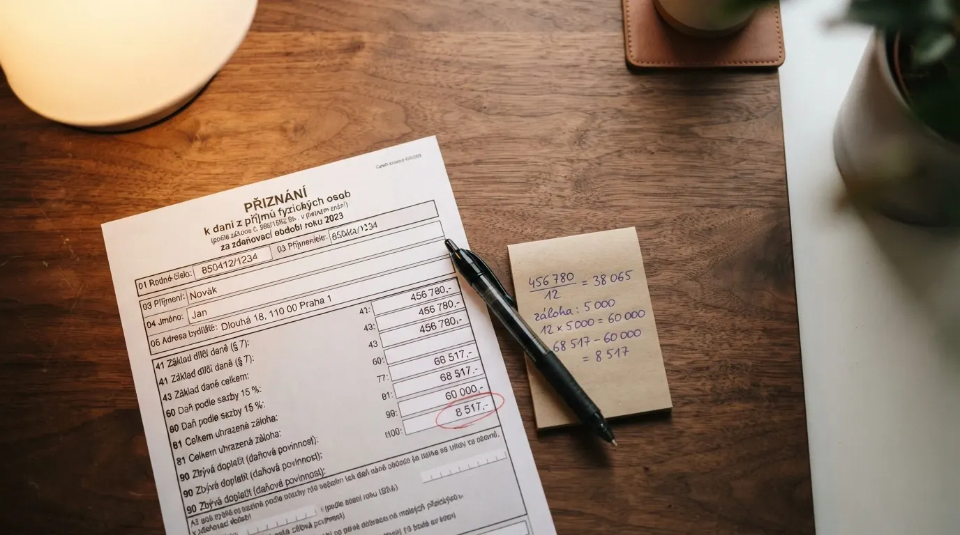 Daňový formulář a kalkulačka — vizuální připomínka daňové povinnosti