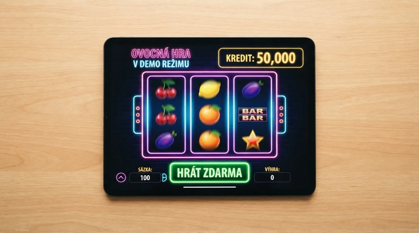 Ukázka demo režimu online automatu s virtuálními kredity a tlačítkem Hrát zdarma