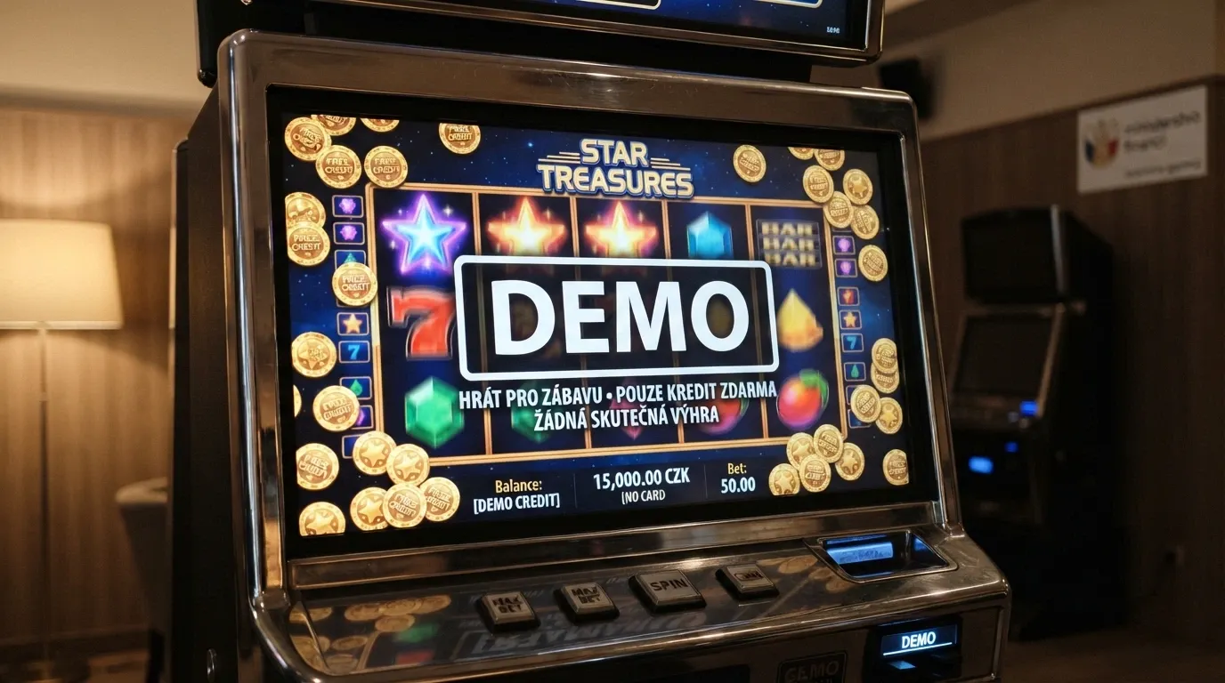 Online automat s nápisem DEMO a fiktivními mincemi na obrazovce