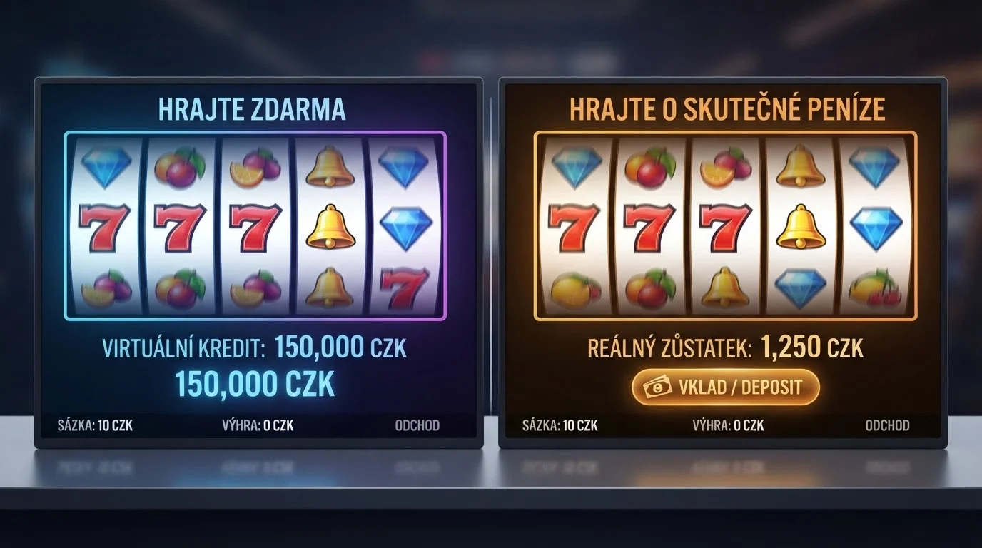Rozdělená obrazovka: vlevo automat s fiktivními kredity v demo režimu, vpravo týž automat s reálným zůstatkem v Kč a tlačítkem pro vklad