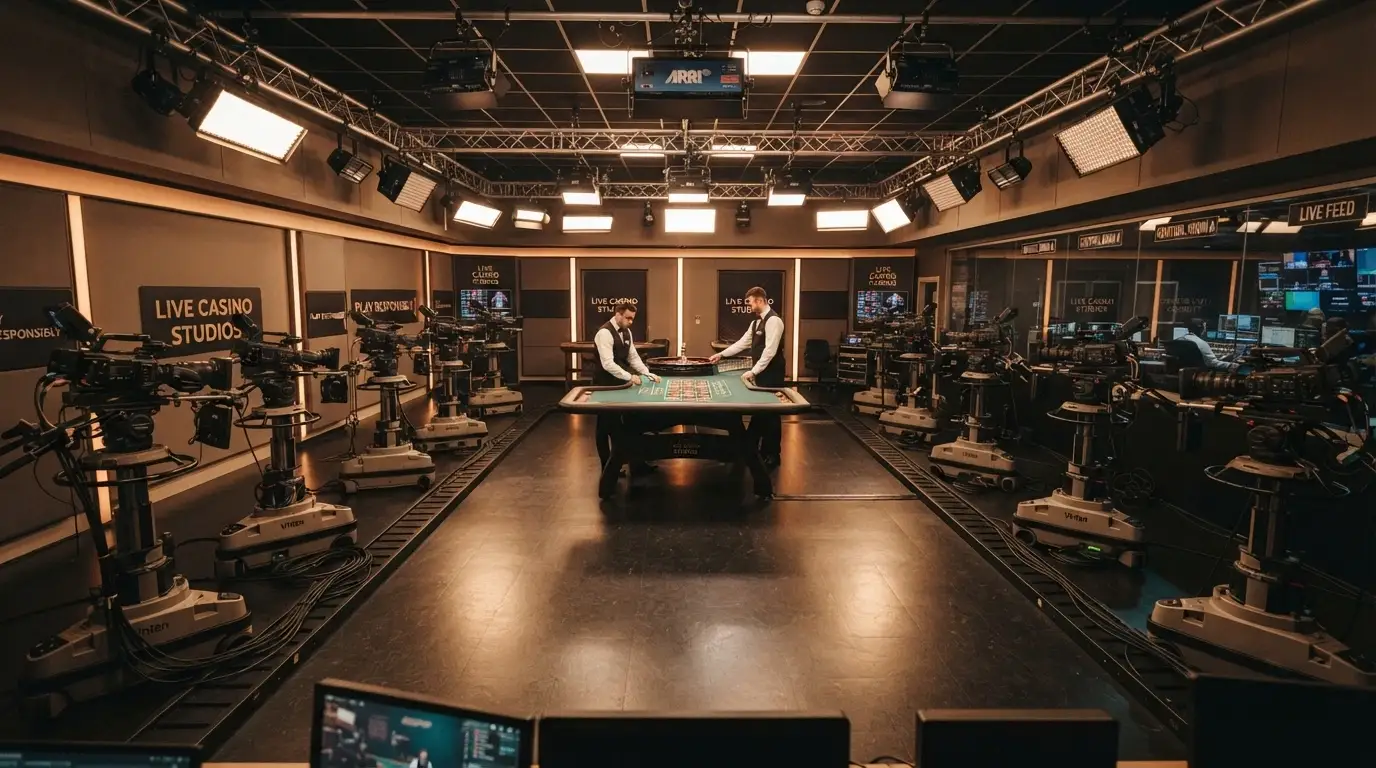 Interiér live casinového studia s kamerami, krupiéry a technikou
