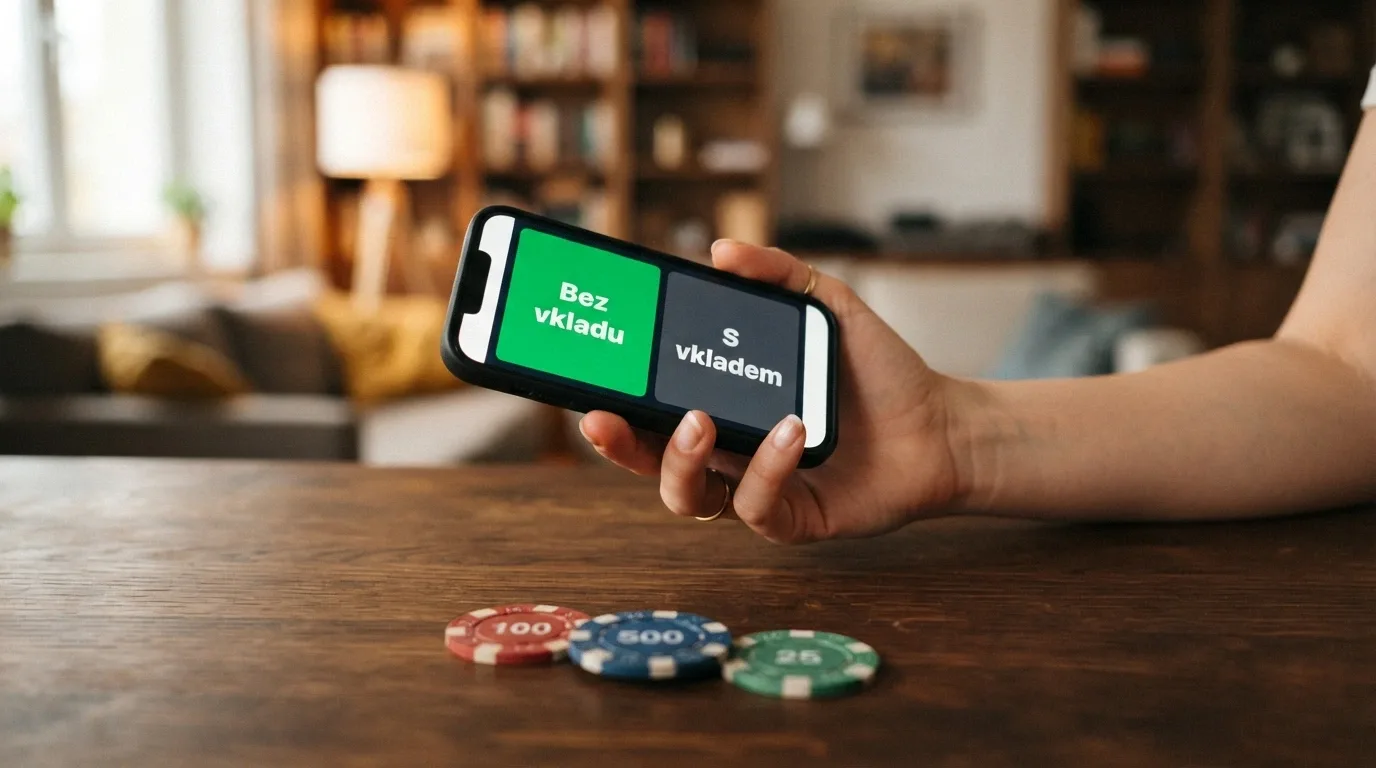 Detailní pohled na casino bonusovou nabídku — vedle sebe tlačítka „bez vkladu“ a „s vkladem“, dlaň s několika mincemi