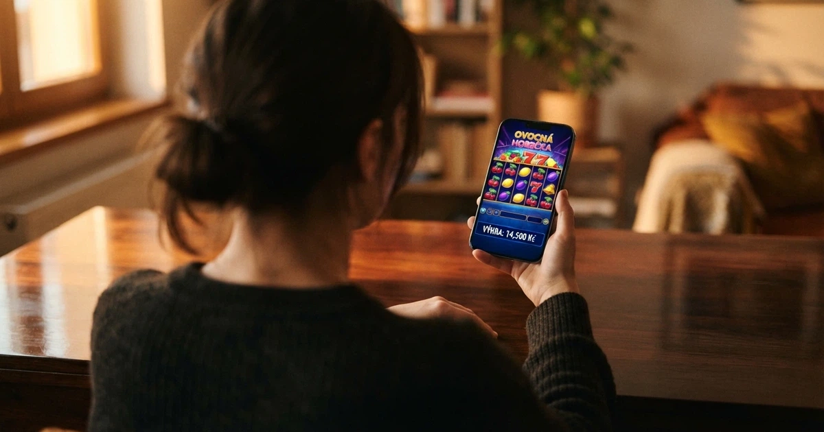 Hráč u mobilu vidí na obrazovce online casino automat s aktivovanými volnými otočkami, vedle číselný ukazatel výhry v korunách