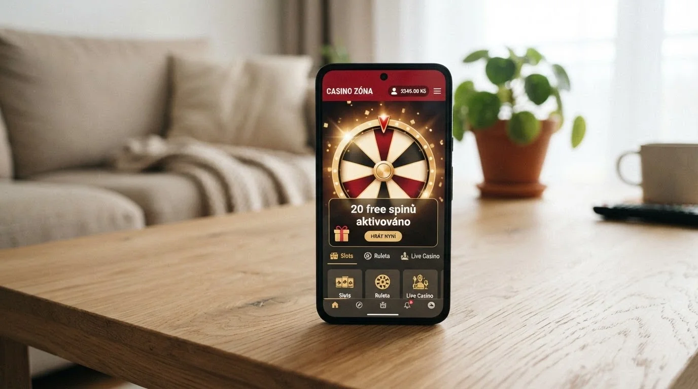 Mobilní telefon s otevřenou casino aplikací, na displeji kolo automatu a notifikace „20 free spinů aktivováno“