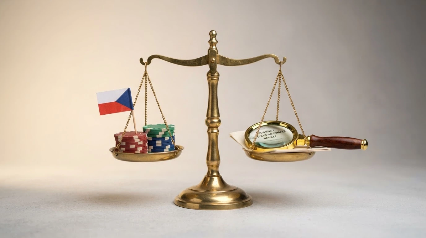 Vyvážená váha — na jedné misce free spiny s českou vlajkou, na druhé misce lupa nad textem podmínek