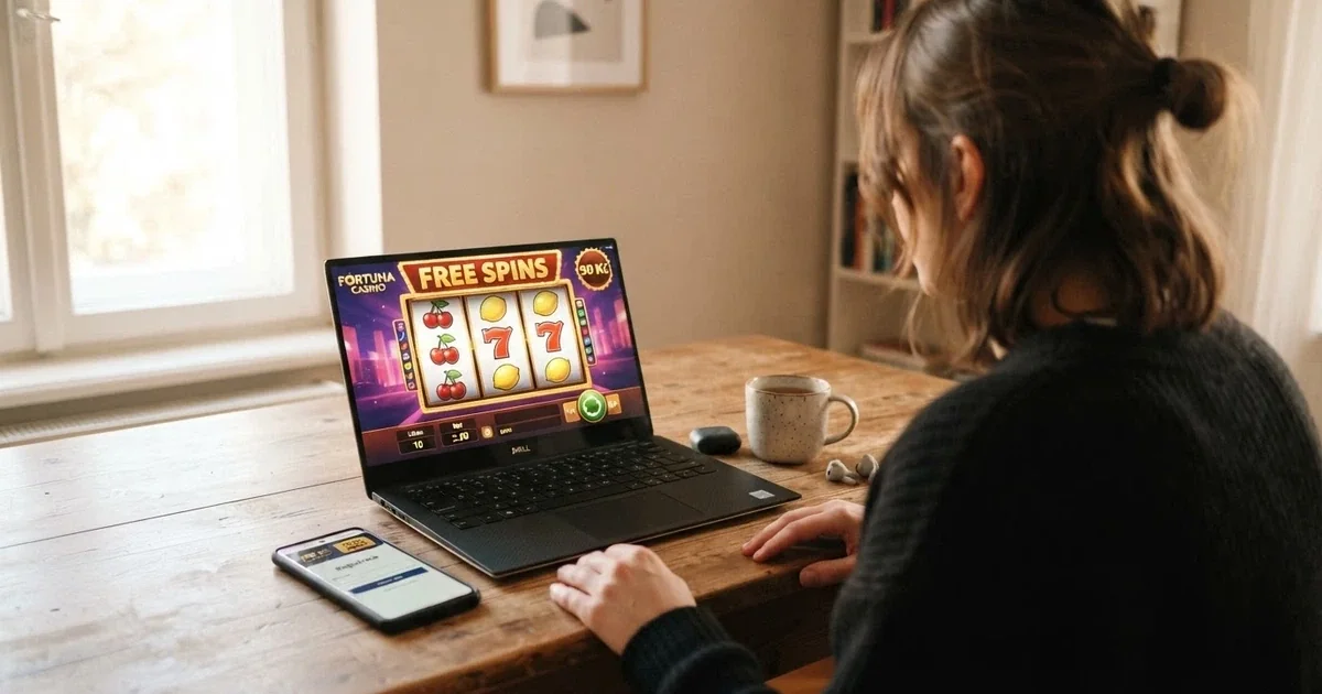 Hráč u obrazovky prohlíží nabídku free spinů v online casinu na notebooku, vedle leží mobil s otevřenou registrační stránkou