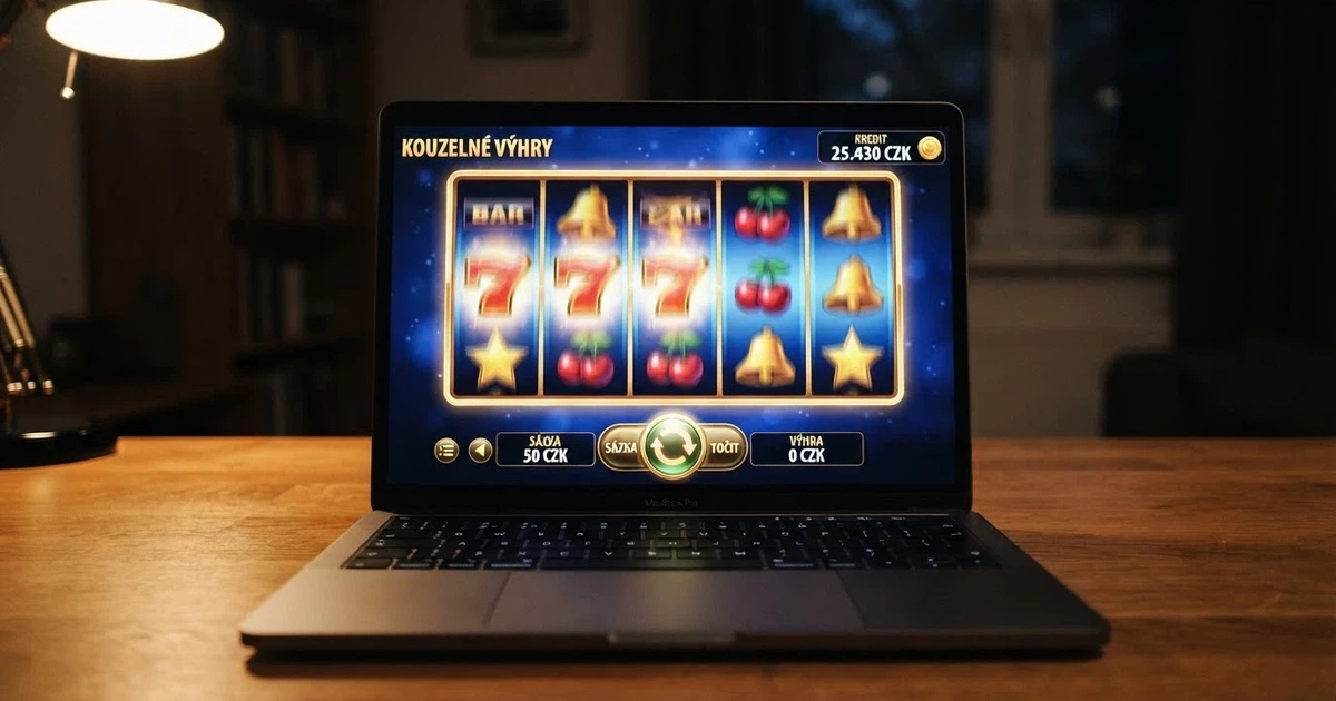 Rozhraní online casina s roztočenými válci automatu, virtuální kredity a tlačítko demo režimu na obrazovce notebooku
