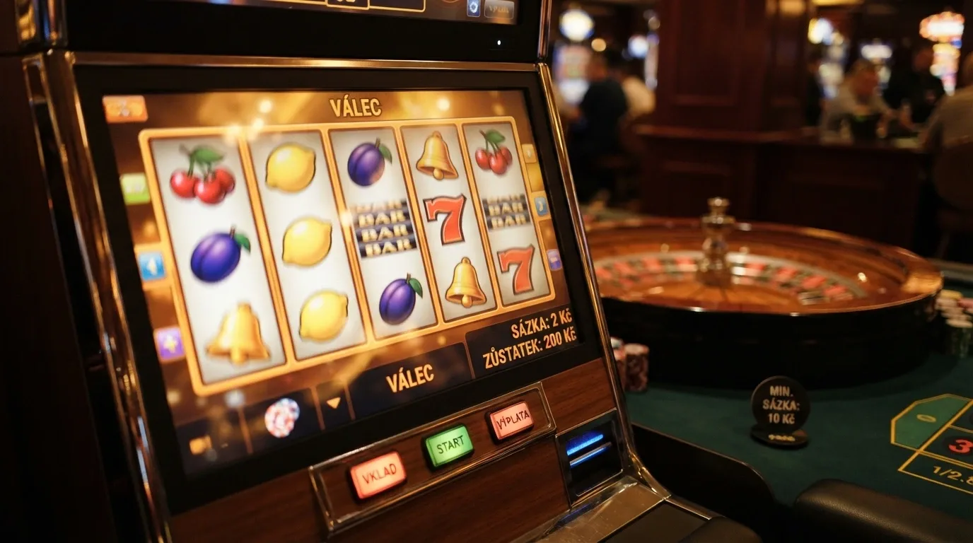 Barevný výsek z hracího automatu s viditelnou sázkou 2 Kč na spin a ukazatelem zůstatku kolem 200 Kč, vedle něj ruleta s minimální sázkou 10 Kč