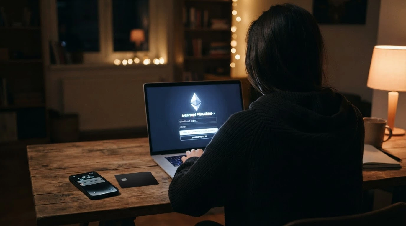 Osoba u počítače, místo občanského průkazu logo bitcoinu