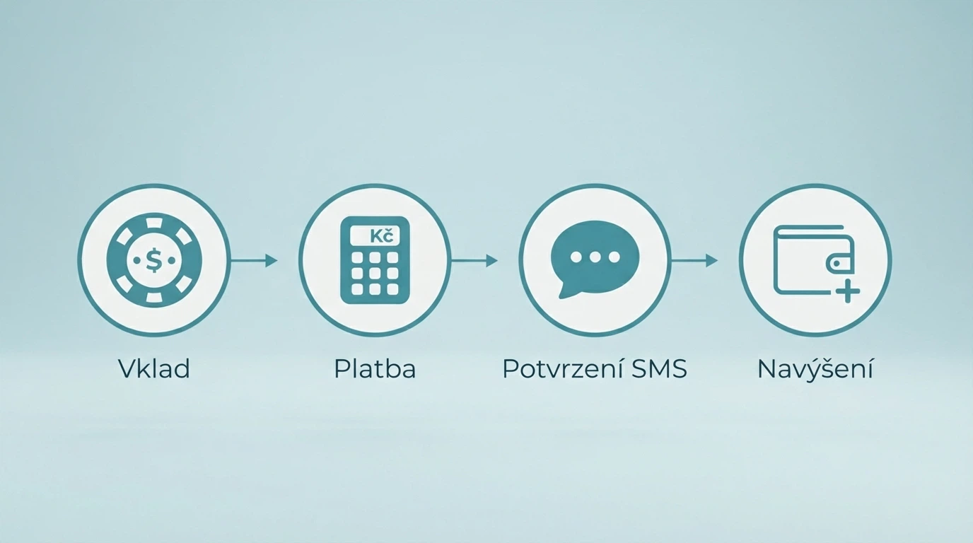 Infografika: výběr casina → zadání částky → SMS potvrzení → připsání na herní konto