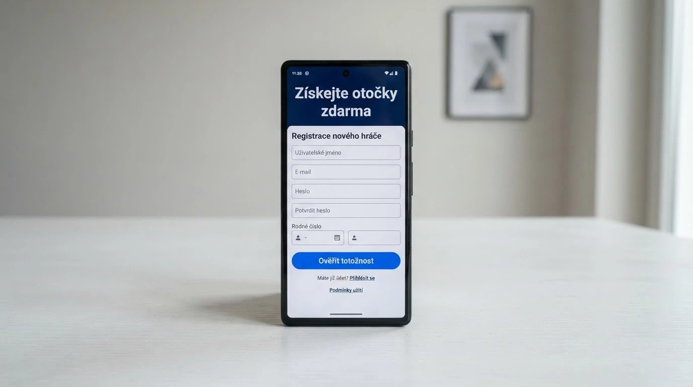 Mobilní telefon zobrazující registrační formulář online casina s ikonou BankID a nápisem „získejte otočky zdarma“
