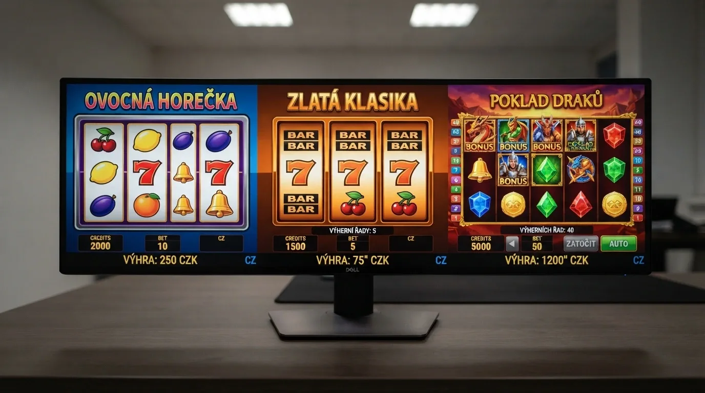 Tři ovocné automaty vedle sebe na monitoru — klasický tříválcový s třešněmi a sedmičkami, moderní pětiválcový video slot s animací