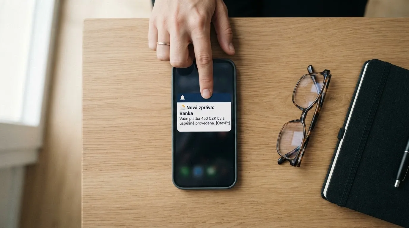 Mobilní telefon zobrazující push notifikaci s nabídkou promo kódu pro stávající hráče