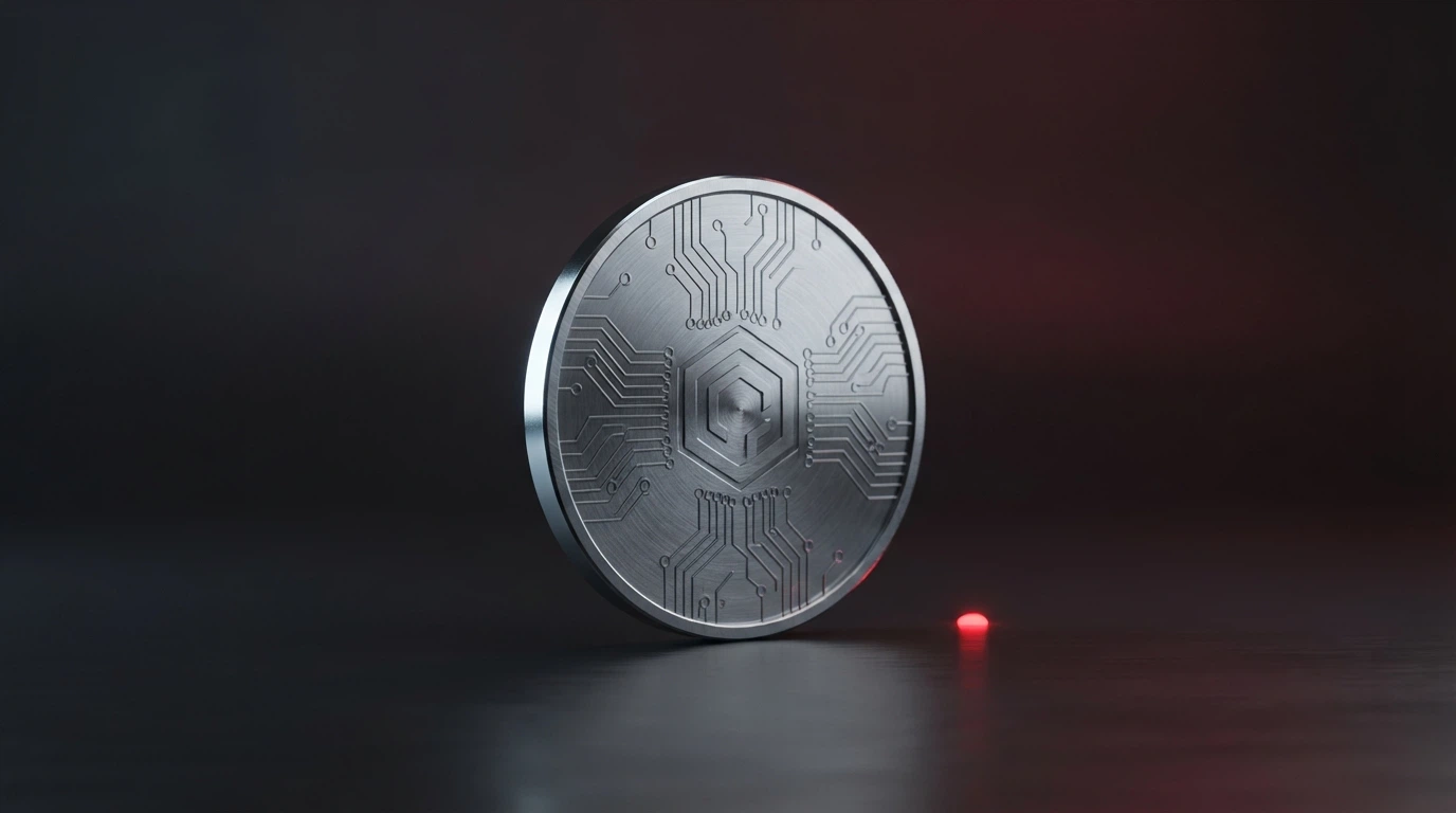 Bitcoin mince na stole s varovným symbolem — přeškrtnutá česká vlajka v pozadí