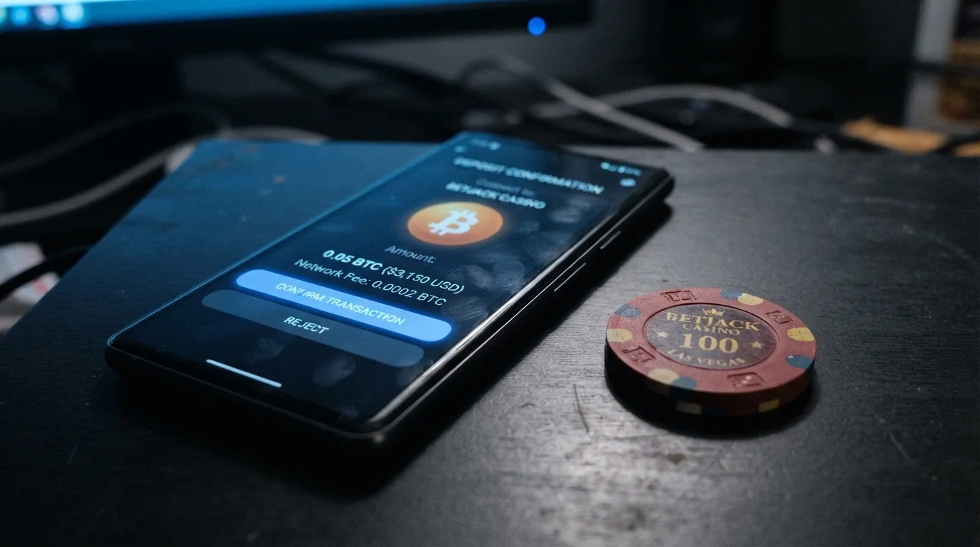 Bitcoin peněženka na displeji telefonu a vedle ní logo online casina s ikonou ověření