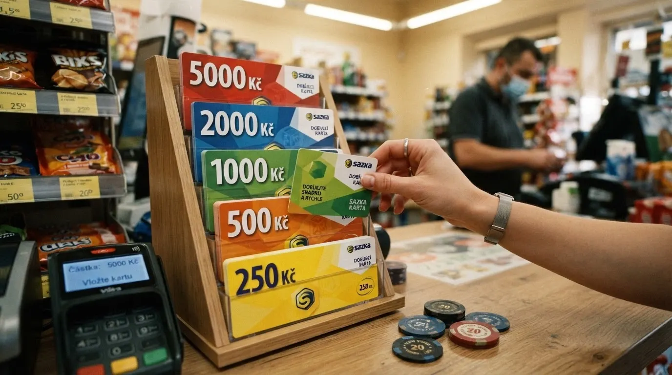 Prodejní stojan s kupony Paysafecard v nominálních hodnotách 250 až 5 000 Kč