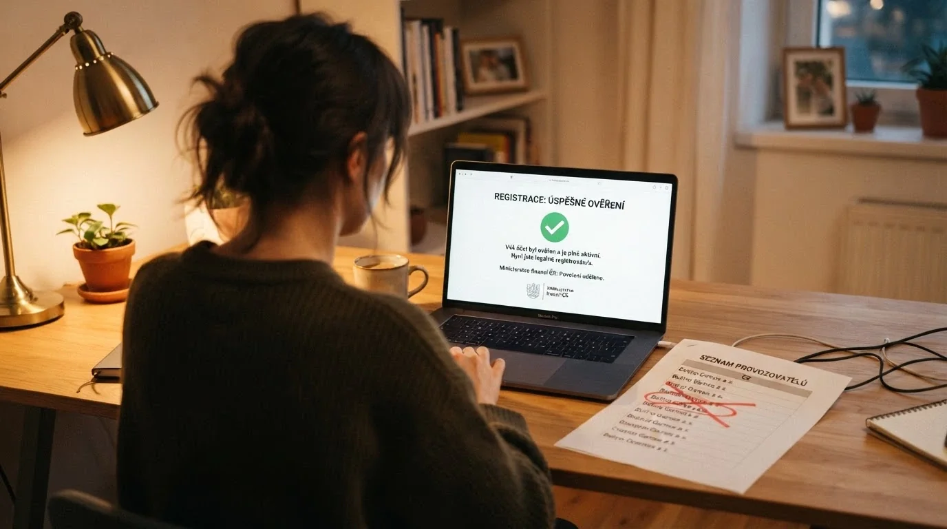 Úřední dokument s logem Ministerstva financí ČR a razítkem, přes něj položená lupa odhalující text licence, v rohu červený křížek přes logo kasina s nápisem Curaçao