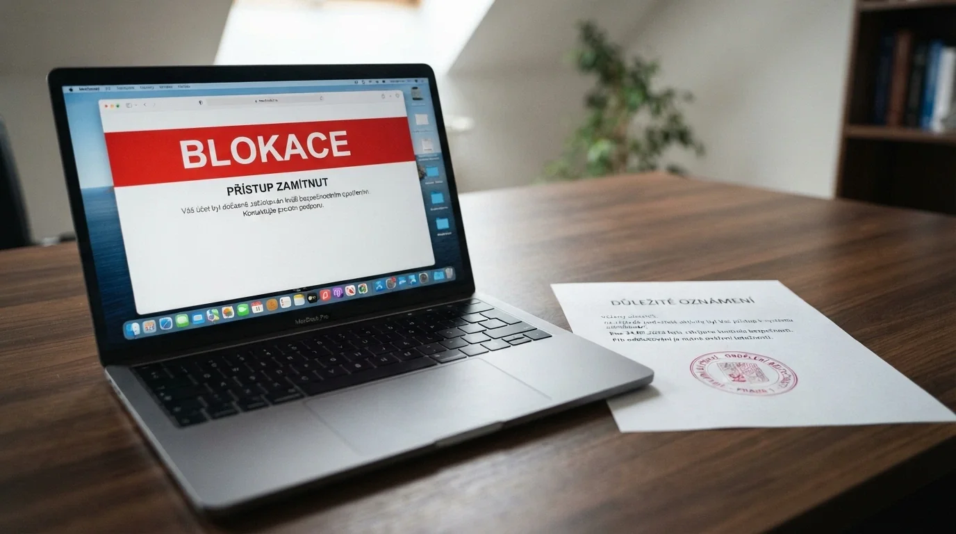 Úřední dokument s razítkem Ministerstva financí ČR, vedle něj obrazovka s varovným hlášením o blokaci nepovolené hry
